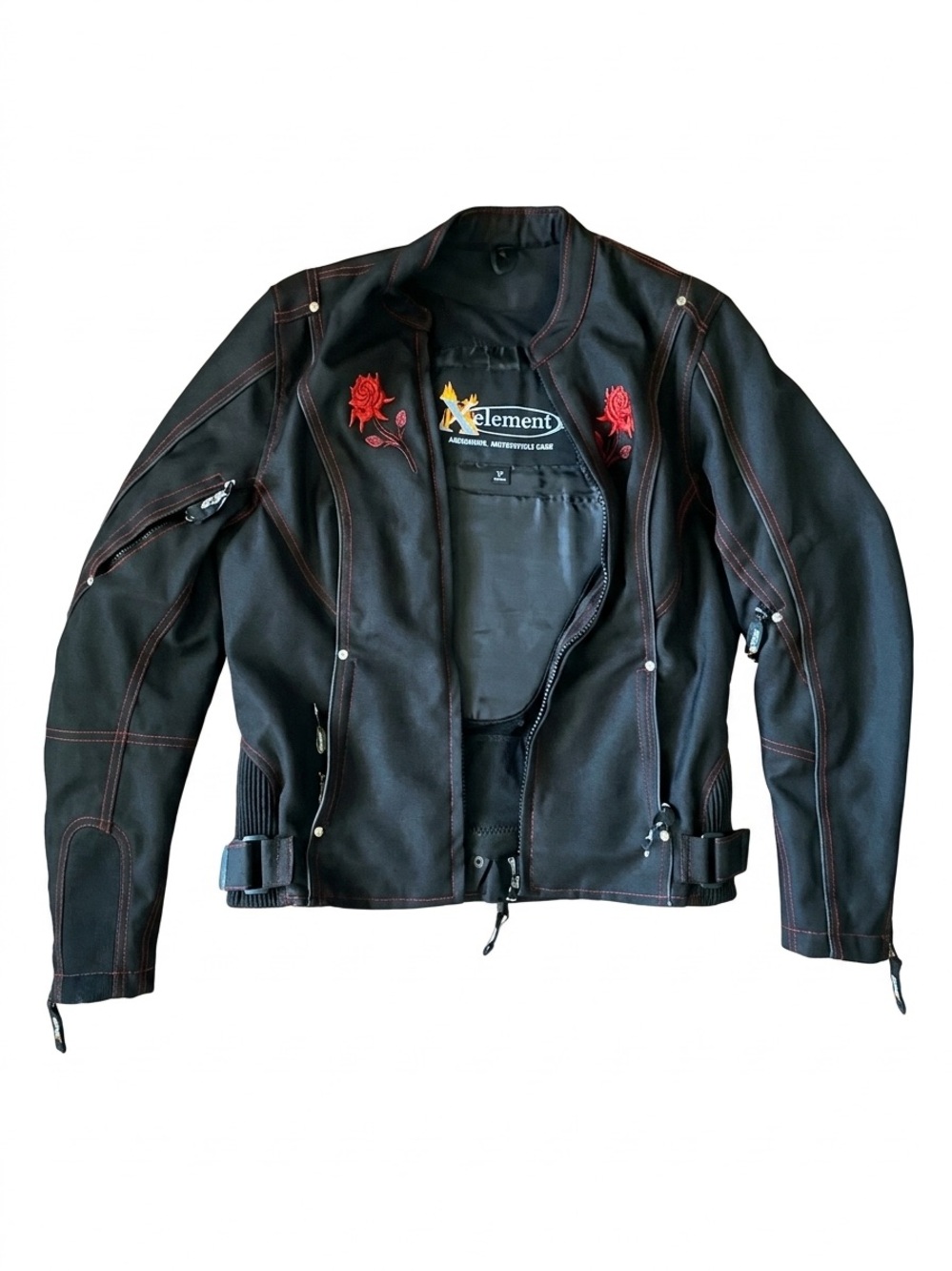 XElement Women’s Black Motorcycle Riding Jacket Size Large Armored with Roses